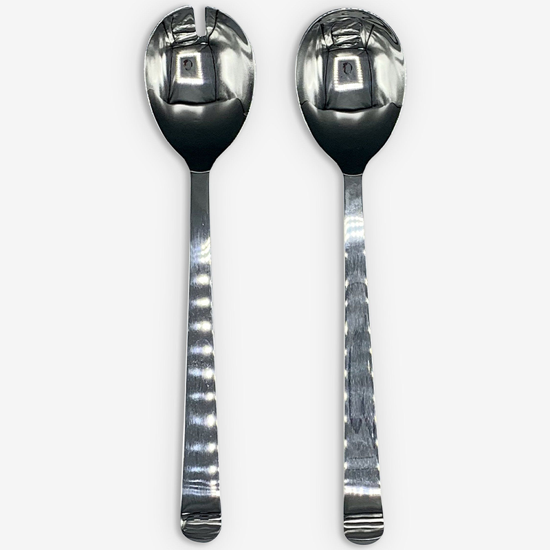 Salad server . The utensils have long handles for easy handling and are often made of wood, stainless steel, or other materials. They feature wide, shallow bowls or prongs to efficiently scoop and mix salad ingredients.