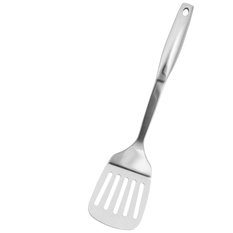 Slotted turner A slotted turner kitchen utensil with a long handle and a flat, rectangular head featuring slots or holes, ideal for flipping and lifting foods such as pancakes, burgers, and fish fillets.