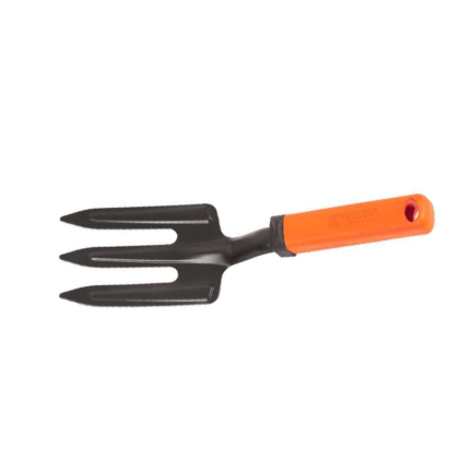 Weeding Fork with PVC Grip, a handheld gardening tool with multiple tines and a PVC grip handle, designed for effective removal of weeds in the garden by loosening and lifting them from the soil.